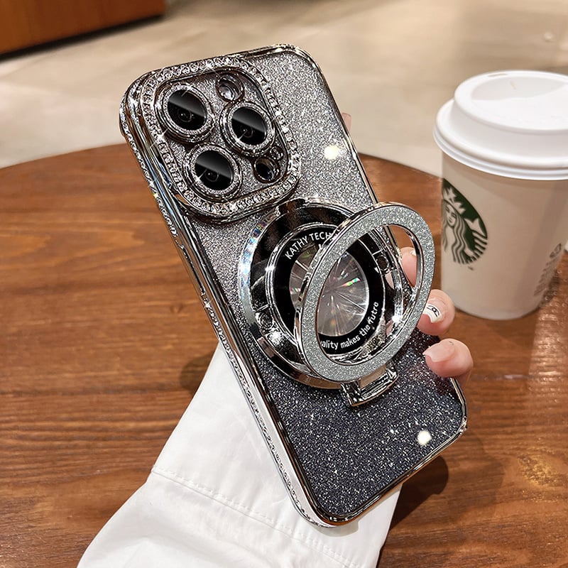 Магнитен калъф за iPhone с блестящи кристали и невидима стойка